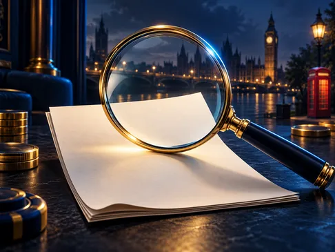 A gold-highlighted magnifying glass examining a document, set against a deep navy background with subtle London skyline accen