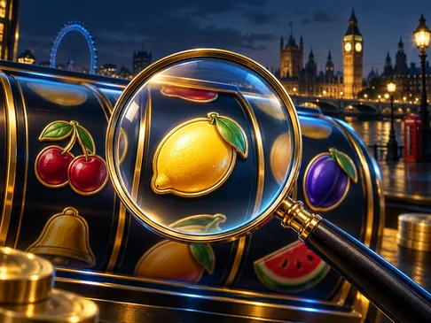 A gold-highlighted magnifying glass examining a slot machine reel against a deep navy background with subtle London skyline a