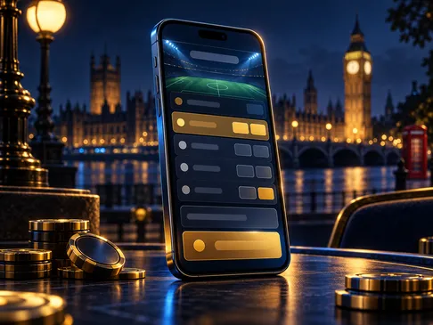 Smartphone showing an abstract bet slip, deep navy and gold palette with subtle London skyline, cinematic lighting, trustwort