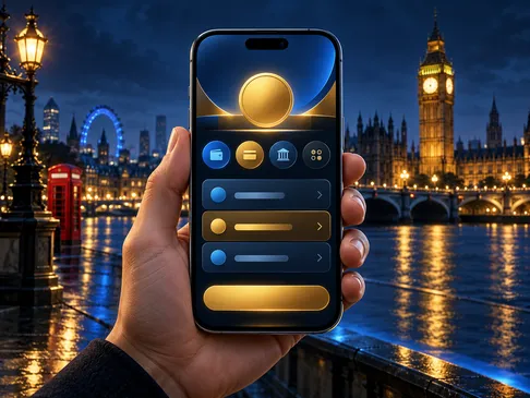 A sleek smartphone displaying an abstract cashier interface, bathed in gold and electric-blue light against a deep navy backg