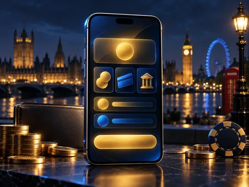 Smartphone with abstract digital cashier interface, deep navy and gold palette, subtle London skyline silhouette in cinematic