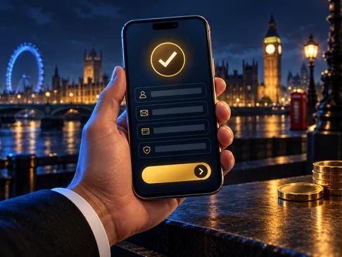A smartphone displaying a digital form with a gold verification tick, set against a deep navy background with subtle London s