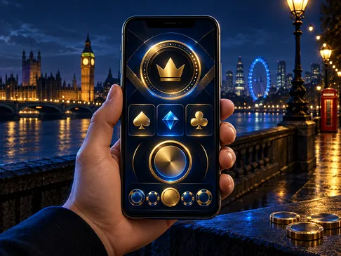 A smartphone displaying an abstract approval screen, set against a deep navy background with gold highlights and subtle Londo