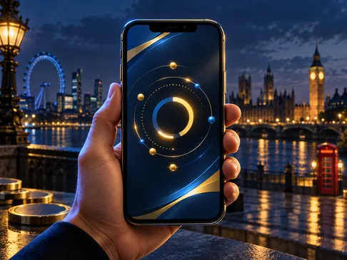 A smartphone displaying an abstract pending screen, set against a deep navy background with gold highlights and a subtle Lond