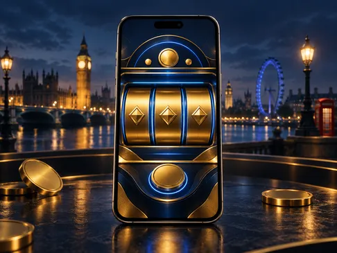 A smartphone displaying an abstract slot machine interface, set against a deep navy background with gold highlights and subtl