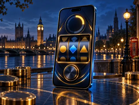 Smartphone showing abstract slot reels and countdown timer, deep navy background with gold highlights and subtle London skyli