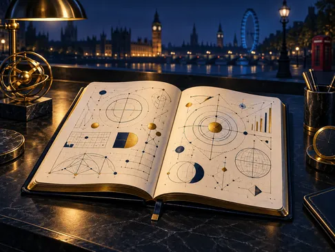 Open notebook filled with abstract calculations on a dark navy background with gold highlights and subtle London skyline silh