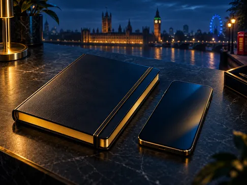 A sleek notebook beside a smartphone on a deep navy surface with gold highlights and subtle London skyline accents in cinemat