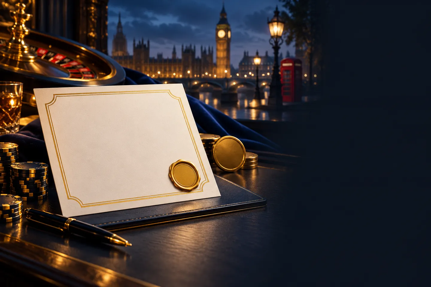 Gold wax seal and official certificate on a dark desk with deep navy background and cinematic lighting, UK casino guide hero 