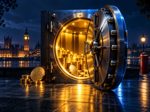 A grand open vault door glowing with gold light against a deep navy background with subtle London skyline silhouette accents