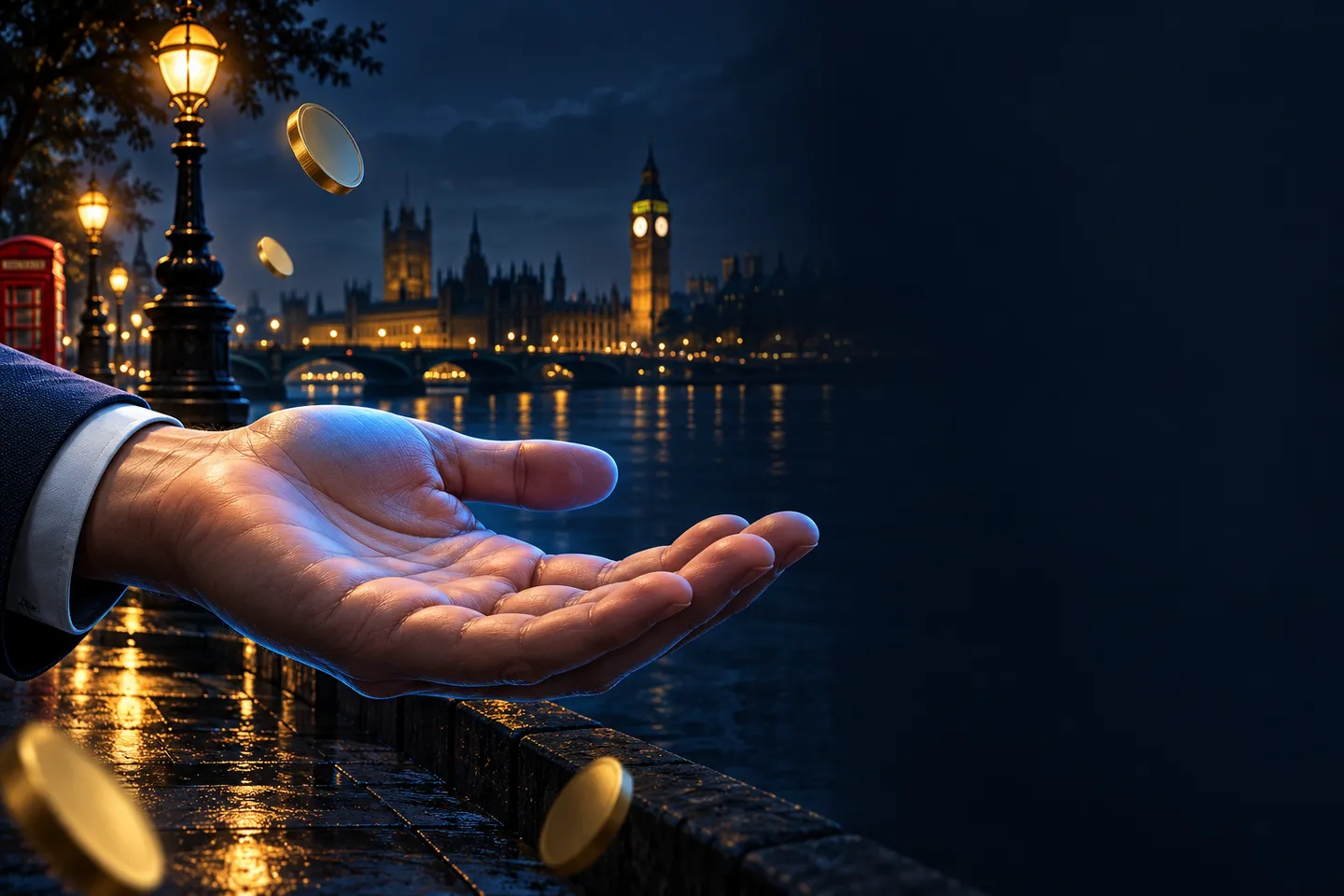 An open empty hand bathed in cool blue rim light against a deep navy background with subtle gold highlights and London skylin