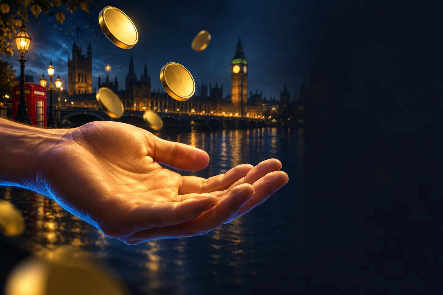 An open empty hand bathed in soft gold light against a deep navy background with subtle London skyline silhouette accents
