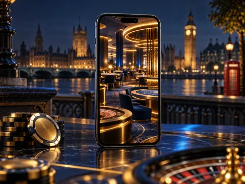 A smartphone displaying a glowing abstract casino lobby interface in warm gold tones against a deep navy background with subt