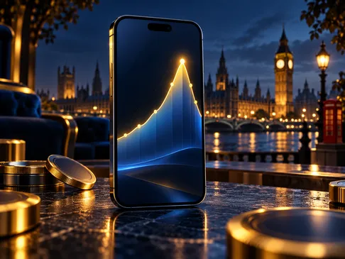 A sleek smartphone displaying an abstract crash game graph with gold and electric-blue accents against a deep navy background