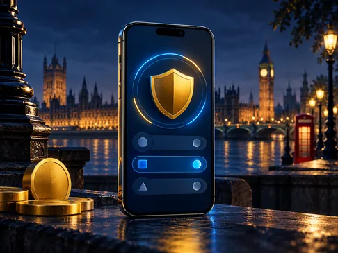 A smartphone displaying a protective shield icon, rendered in deep navy and gold tones with a London skyline silhouette in th
