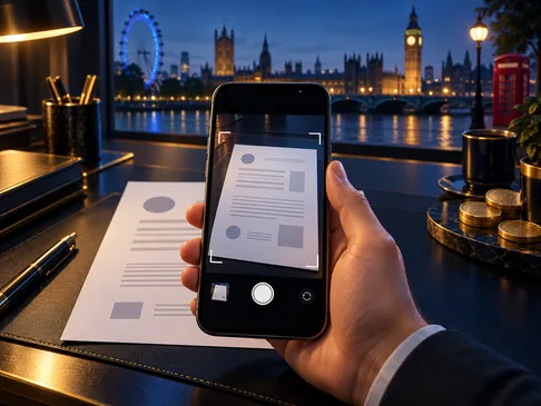 A smartphone photographing an official document, deep navy background with gold highlights and subtle London skyline, cinemat