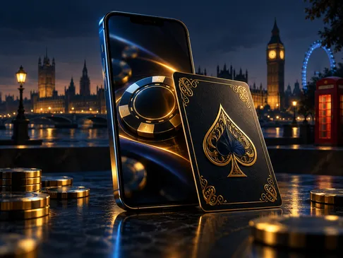 A playing card and smartphone against deep navy background with gold highlights and subtle London skyline silhouette in cinem