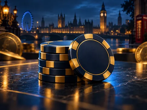 Stacked casino chips in deep navy and rich gold tones with electric-blue rim light against a dark cinematic background with s