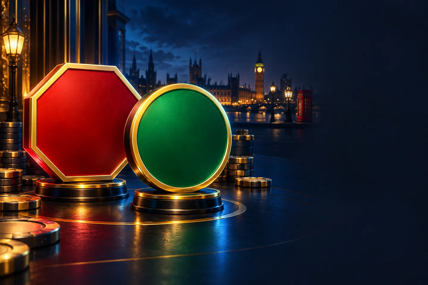 Red stop shape and green go shape on deep navy background with gold highlights and British skyline accents