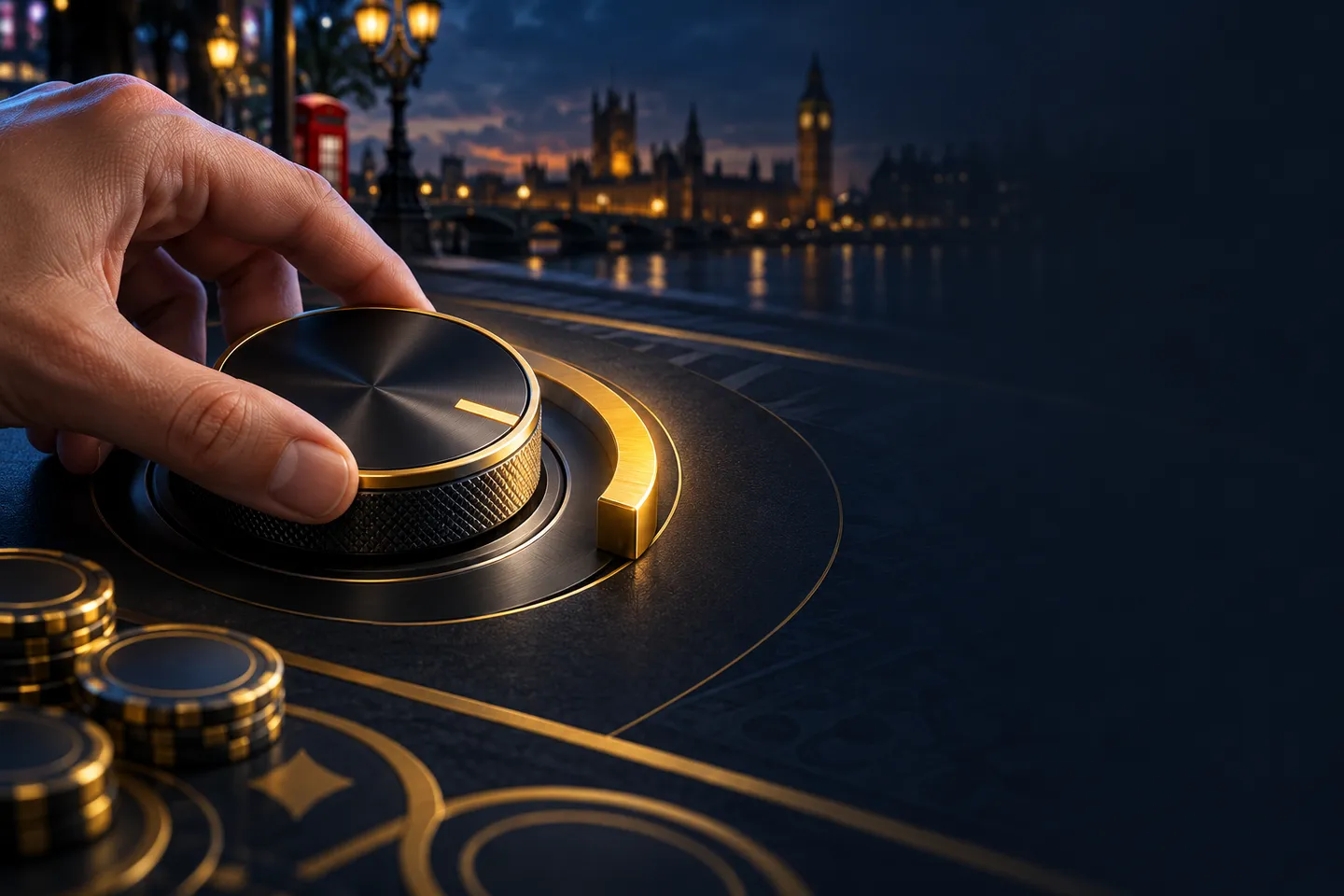 A calm hand sets a glowing dial to a limit against a deep navy background with gold accents and a faint London skyline.