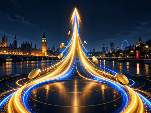 Cinematic rocket-shaped golden light trail soaring against deep navy sky with subtle London skyline silhouette and electric-b
