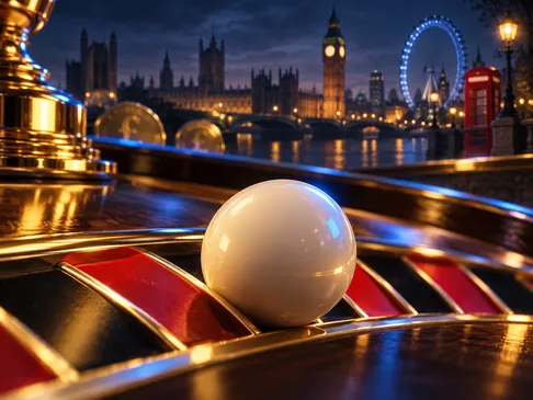Close-up of a roulette ball resting on a spinning wheel, lit with gold and electric-blue rim light against a deep navy backgr