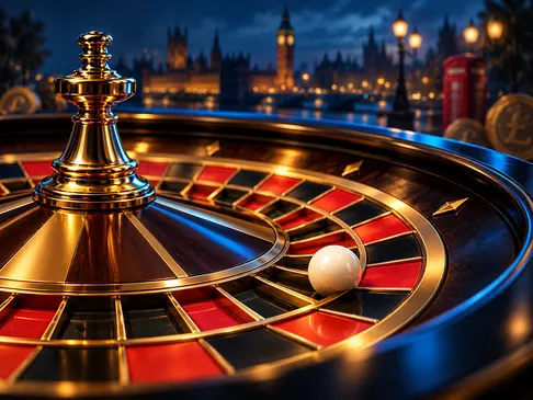 Close-up of a roulette ball on a spinning wheel bathed in gold and electric-blue light against a deep navy background, premiu