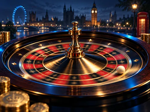 A spinning roulette wheel with gold highlights and electric-blue rim light against a deep navy background with subtle London 