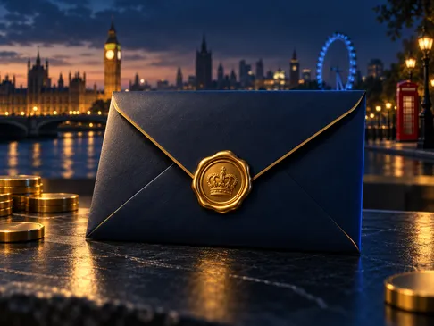 Premium sealed envelope with gold wax seal on deep navy background, subtle London skyline silhouette, cinematic electric-blue