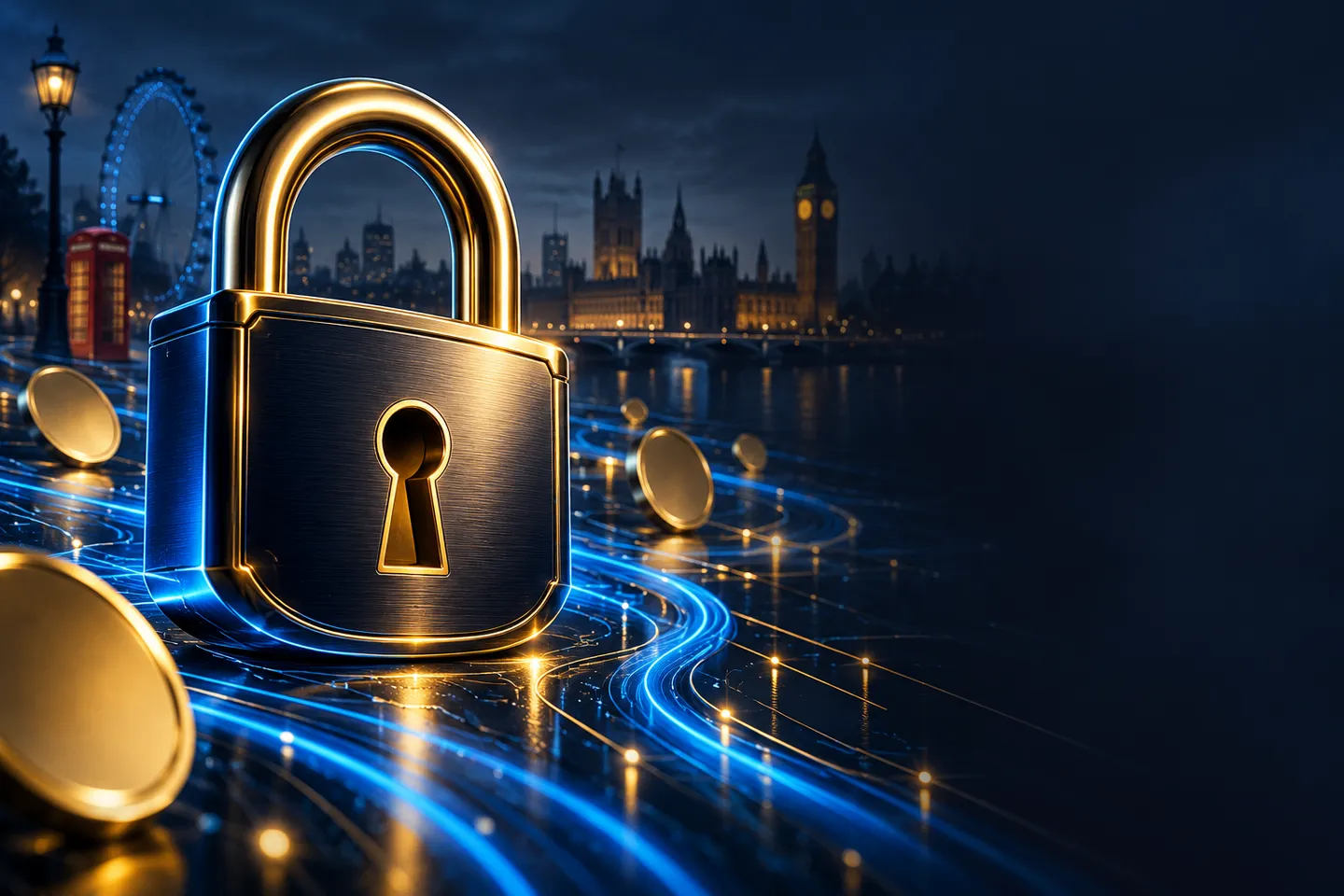 A golden padlock over flowing electric-blue abstract data streams against a deep navy background with subtle London skyline s
