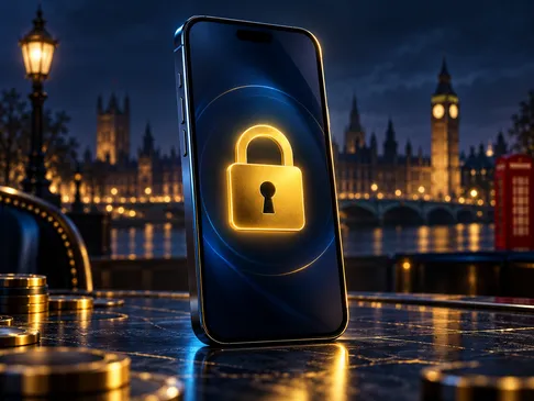 A gleaming gold padlock on a smartphone screen, deep navy background with electric-blue rim light and faint London skyline si