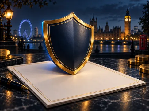 A gold shield overlaying an official document, set against a deep navy background with electric-blue rim light and subtle Lon