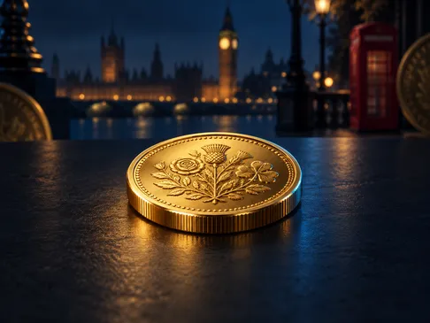 A single gold coin resting on a dark surface, lit with cinematic soft light against a deep navy background, UK casino editori
