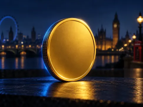 A single gleaming gold coin centred on a deep navy background with electric-blue rim light and subtle London skyline silhouet