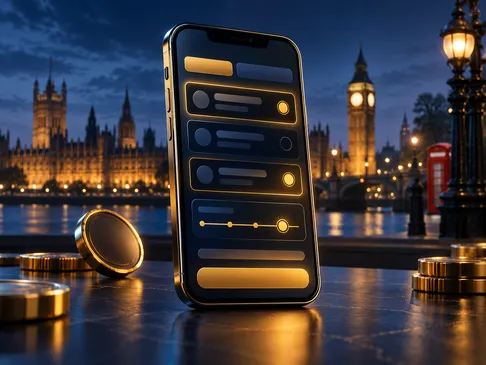 Sleek smartphone showing an abstract bet slip with gold highlights, deep navy background, subtle London skyline silhouette an