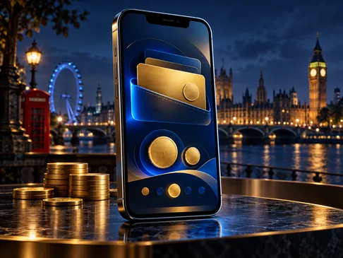 A sleek smartphone showing a digital wallet app interface, bathed in gold and electric-blue light against a deep navy British