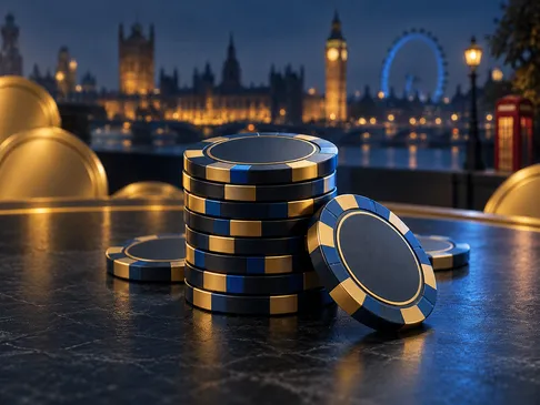 A cinematic stack of casino chips in deep navy and rich gold tones with a subtle London skyline silhouette in the background