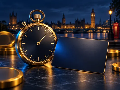 A gold stopwatch beside an e-wallet card on a deep navy background with electric-blue rim light and subtle London skyline sil