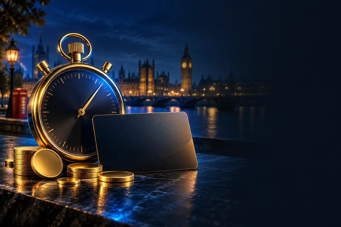 A stopwatch beside an e-wallet card and gold coins on a deep navy background with gold highlights and subtle London skyline s
