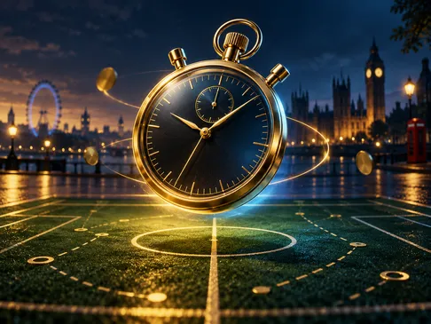 A golden stopwatch suspended over a dark football pitch with navy and electric-blue cinematic lighting and subtle British acc