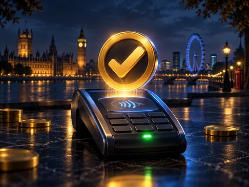 A glowing gold checkmark tick symbol set against a deep navy background with subtle London skyline silhouette, evoking a succ