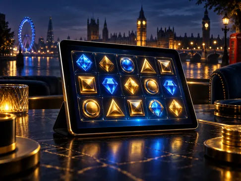 Premium digital illustration of a tablet showing an abstract game grid, deep navy background with gold highlights and electri