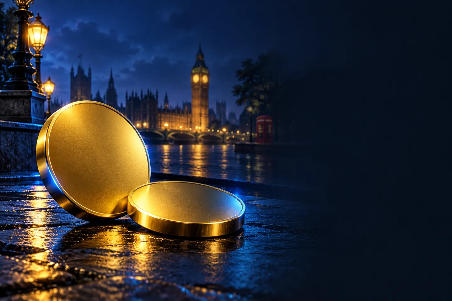 Two abstract gold coin shapes with electric-blue rim light on deep navy background, subtle London skyline silhouette in backg
