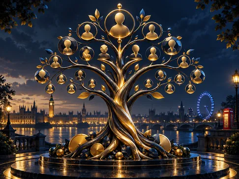 Abstract family tree of geometric shapes with gold highlights and navy background, British-themed editorial illustration for 