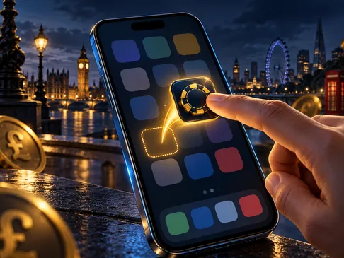A cinematic digital illustration of a smartphone home screen with an abstract casino app icon being added, set against a deep