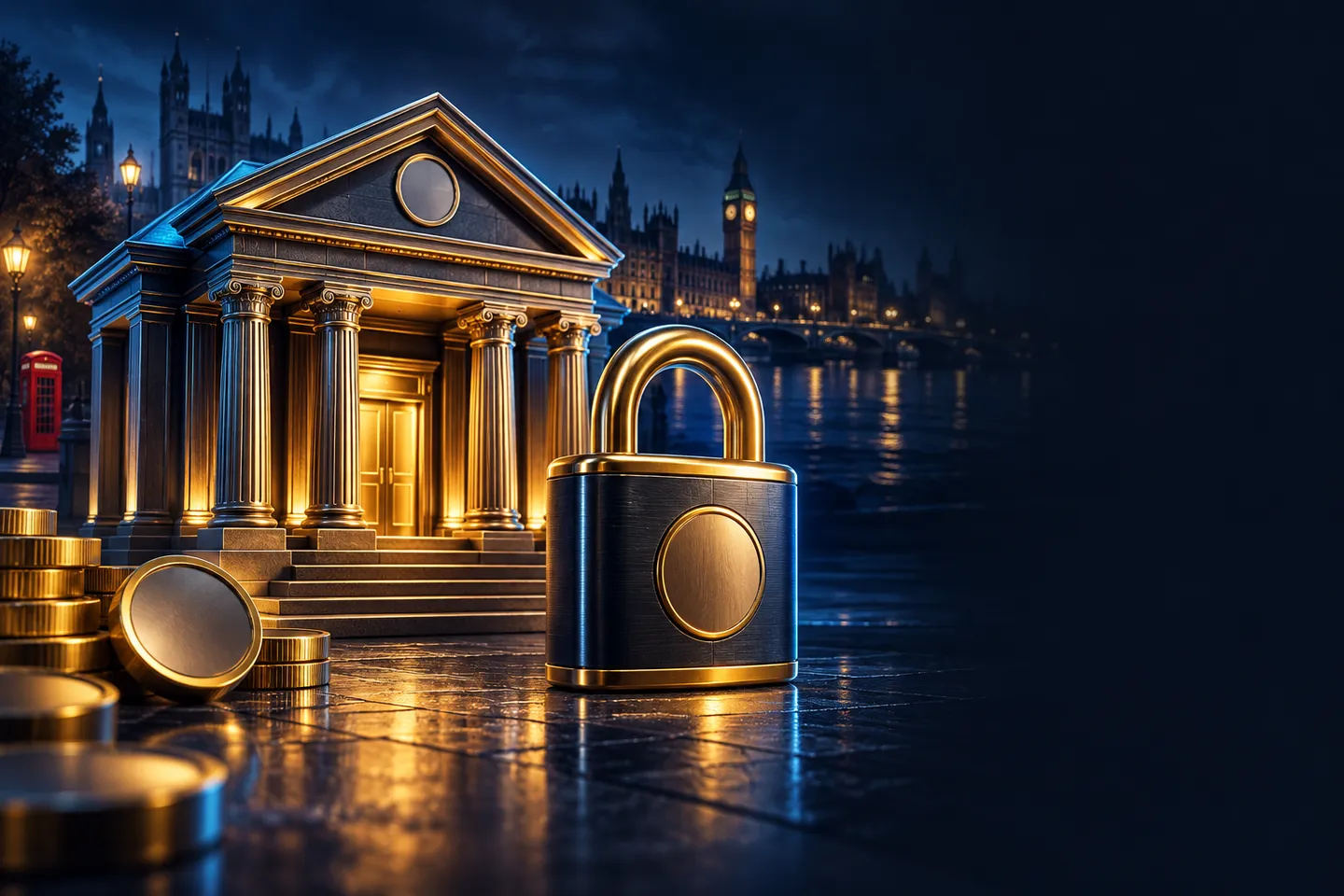 Illustrated bank building and padlock on deep navy background with gold accents and British skyline, evoking secure online ca