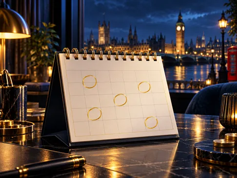Premium editorial illustration of a calendar with circled days, deep navy and gold palette with British-themed background acc