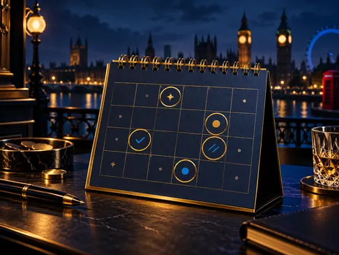 A glowing calendar with circled dates rendered in gold against a deep navy background with subtle British London skyline acce