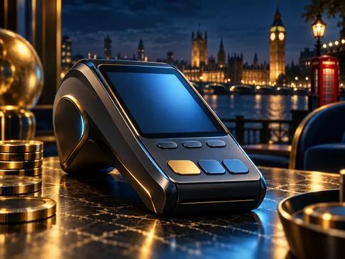 Abstract card payment terminal illustration with gold highlights and navy background, styled for a UK online casino guide