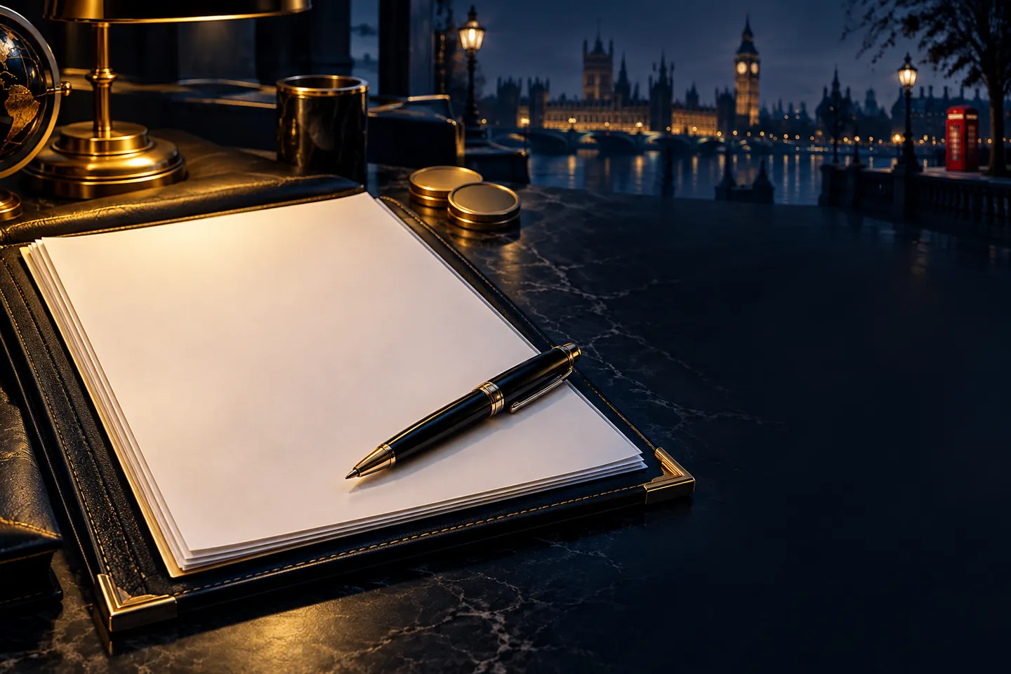 Contract document and pen resting on a dark desk, cinematic gold and navy editorial illustration with subtle British accents